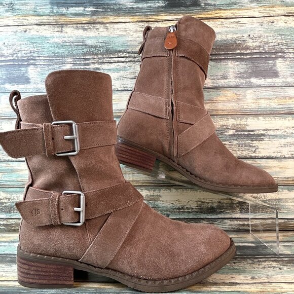 gentle souls Shoes - Gentle Souls Harness Moto Boot 8M Taupe Suede Zip Low Block Heel Mid Calf Bootie